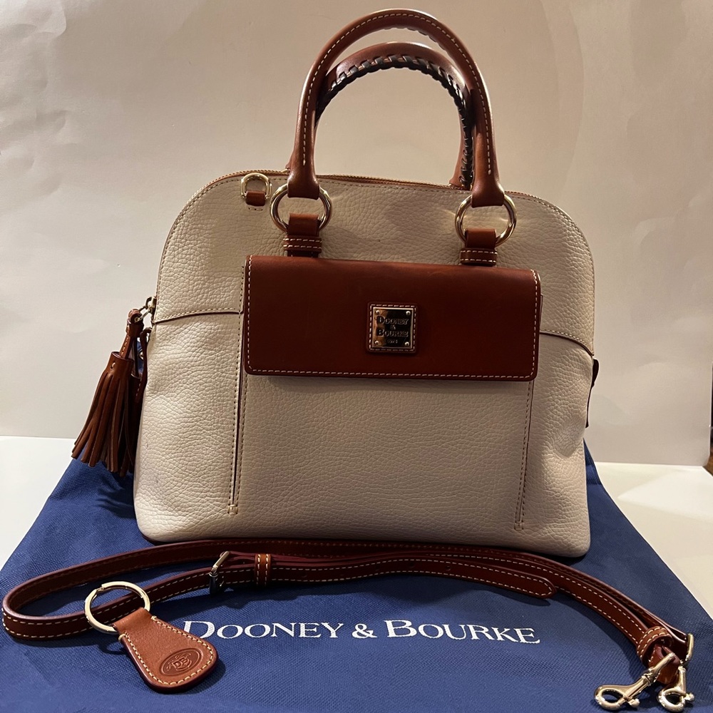 Dooney & Bourke Aubrey Cream/ Brown Pebble Leather Tassel Satchel Handbag